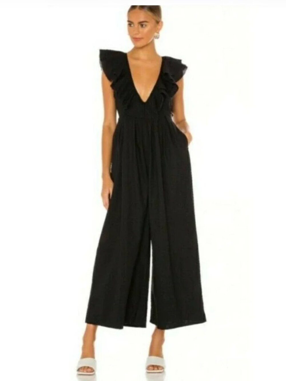 NWT Free People Marta Black Linen Ruffle Crop Wide Leg Jumpsuit $148 Size 2